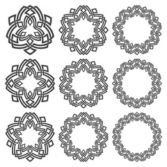Set of magic knotting circles. Nine decorative logo elements with stripes braiding for your design