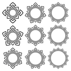 Set of round frames. Nine decorative logo elements with stripes braiding. Circle patterns, circles design kit, vintage rings package.