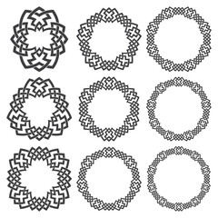 Set of round frames. Nine decorative elements for design with stripes braiding borders. Black lines on white background.