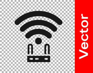 Black Router and wi-fi signal icon isolated on transparent background. Wireless ethernet modem router. Computer technology internet. Vector. - obrazy, fototapety, plakaty