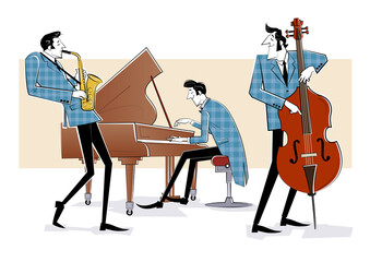Vector illustration of a Jazz band with double-bass, saxophon and piano