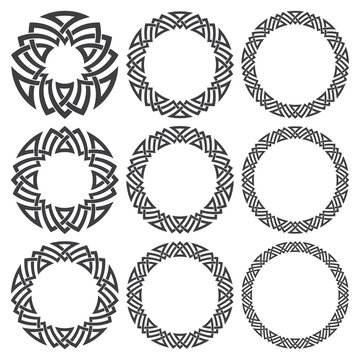 Set of round frames. Nine decorative elements for design with stripes braiding borders. Black lines on white background.