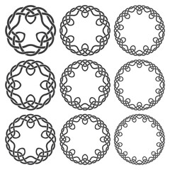 Set of round frames. Nine decorative elements for logo design with stripes braiding borders. Black lines on white background.