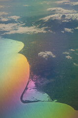 North of the Aegean sea and coast of Greece saw from an airplane. Colors produced when light is...