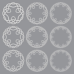 Set of round frames. Nine decorative elements for logo design with stripes braiding borders. White lines with black strokes on gray background.