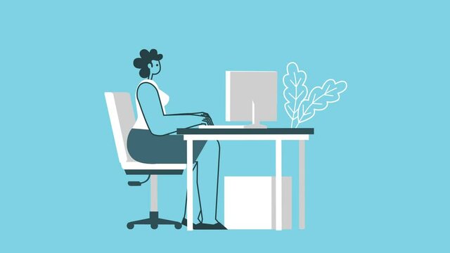Flat Graphic Design Bold Woman Cartoon Character Work From Personal Computer Workplace Isolated Loop 2d Animation