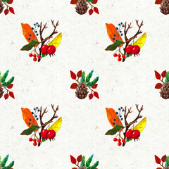 Autumn watercolor hand drawn seamless pattern with leaves mushrooms and pine cones