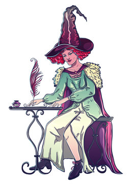 Witch sits at the table and writes a letter with pen and ink. Vector illustration