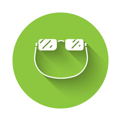 White Eyeglasses icon isolated with long shadow. Green circle button. Vector.
