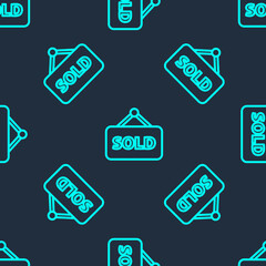 Green line Hanging sign with text Sold icon isolated seamless pattern on blue background. Sold sticker. Sold signboard. Vector Illustration.