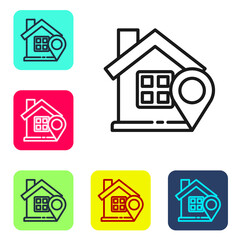 Black line Map pointer with house icon isolated on white background. Home location marker symbol. Set icons in color square buttons. Vector Illustration.