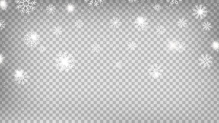 Falling snow. Snowflakes on transparent background, shine winter season vector illustration. Christmas snowfall effect, flake xmas banner