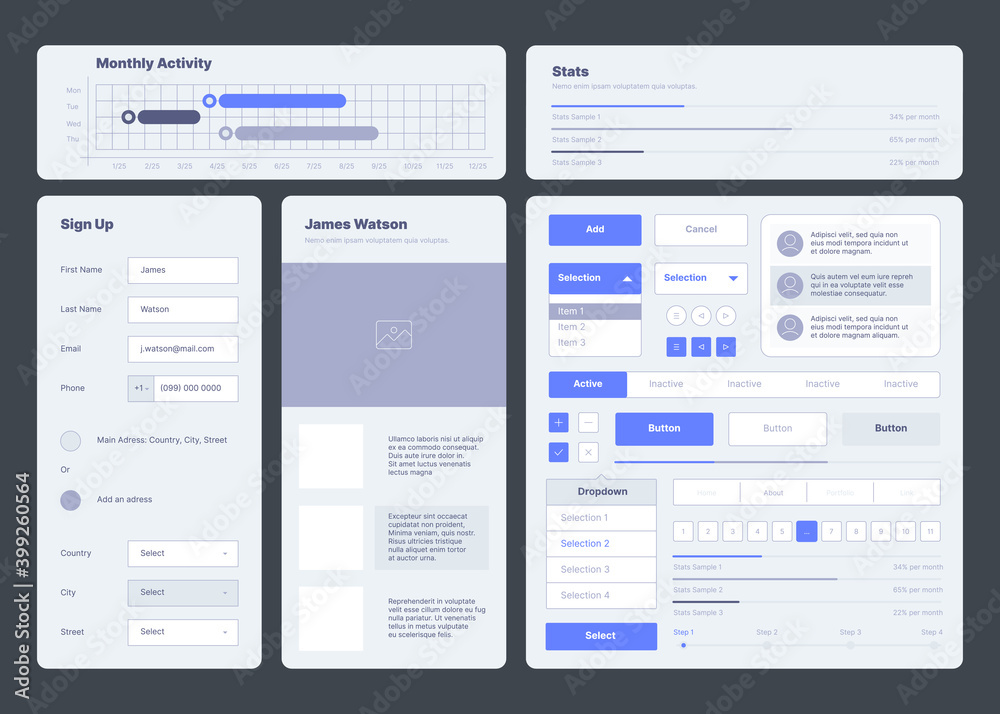 Poster Ui template. Web dashboard elements buttons dividers menu symbols ux layout garish vector collection. Illustration report responsive software, user homepage button