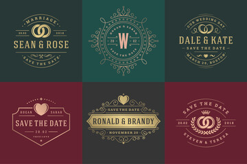 Wedding invitations save the date logos and badges vector elegant templates set