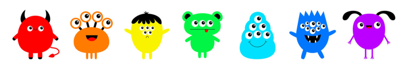 Happy Halloween. Monster set line. Kawaii cute cartoon colorful scary funny character icon. Funny collection.Eyes, tongue, hands, horns, fang teeth. Isolated. White background Flat design.