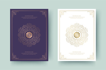 Wedding invitation save the date card golden flourishes ornaments vignette swirls vector template.