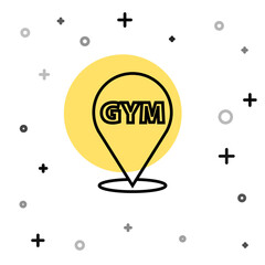 Black line Location gym icon isolated on white background. Random dynamic shapes. Vector.