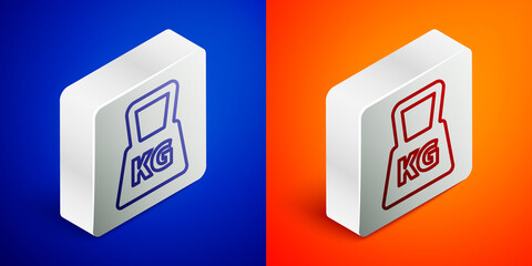 Isometric line Weight icon isolated on blue and orange background. Kilogram weight block for weight lifting and scale. Mass symbol. Silver square button. Vector.