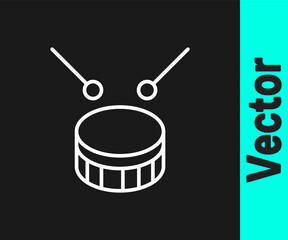 White line Drum with drum sticks icon isolated on black background. Music sign. Musical instrument symbol. Vector.