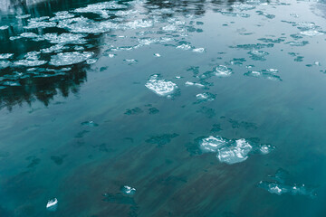 View of blue ice in the river at winter.
