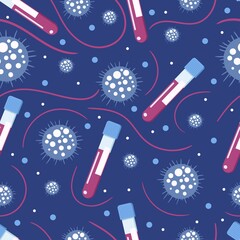Coronavirus vaccine seamless pattern. Dangerous virus background. Vector illustration. Design for wallpaper, textile, banner.