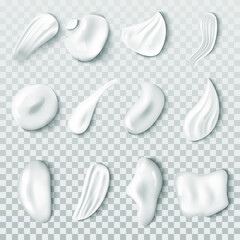 Set of cream strokes isolated on transparent background. White cream drops for skin care, smear texture illustration. Cosmetic product. Vector illustration