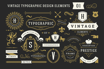 Vintage typographic decorative ornament design elements set vector illustration - obrazy, fototapety, plakaty