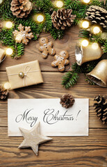 christmas card with empty mock up frame. seasonal decoration with christmas ornaments