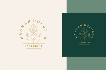 Outline emblem of hands nurturing flower line style