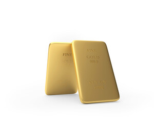 Two gold bars stand vertically against a white background. 3d illustration	