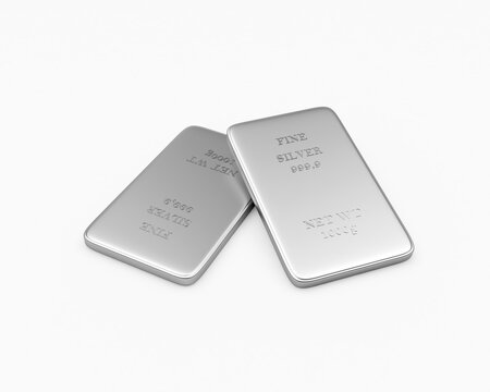Two thin silver bars lie on top of each other isolated on white. 3d illustration