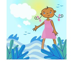 Cute little girl on the background of the sea and seagulls points to an ad in the form of a cloud. Vector illustration with place for text.