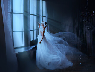 Fantasy gothic woman ghost bride stands by window in black dark room, magic moon light. Fairy snow queen in white dress, cape flying in wind, train skirt fluttering motion. Medieval vintage princess - obrazy, fototapety, plakaty