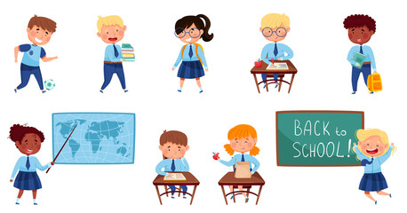 Children Attending Primary School Sitting at Desk and Learning Lesson Vector Set