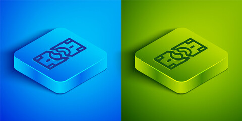 Isometric line Tearing apart money banknote into two peaces icon isolated on blue and green background. Square button. Vector.
