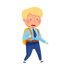 Little Schoolboy in Blue Uniform and Backpack Walking to School Vector Illustration
