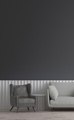 The cozy interior design and mock up furniture of living room and black and white wall texture background