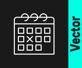 White line Calendar fitness icon isolated on black background. Training schedule. Vector.