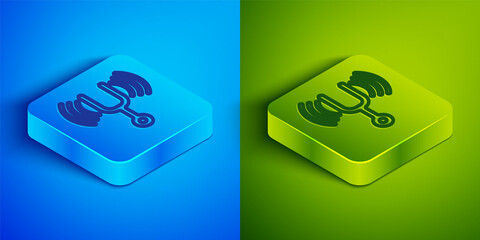 Isometric line Musical tuning fork for tuning musical instruments icon isolated on blue and green background. Square button. Vector.