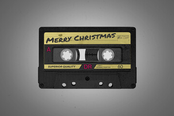 A retro MERRY CHRISTMAS black and yellow aged and distressed audio cassette illustration background with copy space