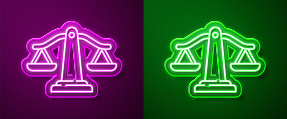 Glowing neon line Scales of justice icon isolated on purple and green background. Court of law symbol. Balance scale sign. Vector.
