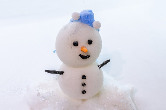 Homemade handmade Christmas snowman made of foam and cotton wool