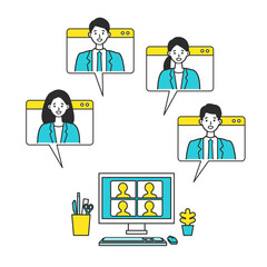 Naklejka premium Vector illustration of business people having communication via telecommuting system.