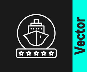 White line Cruise ship icon isolated on black background. Travel tourism nautical transport. Voyage passenger ship, cruise liner. Worldwide cruise. Vector.