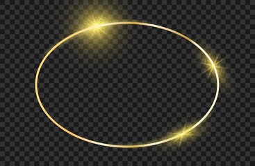 Oval golden frame. Gold magic christmas shiny border. Vector realistic glow boarder.