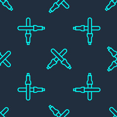 Green line Marshalling wands for the aircraft icon isolated seamless pattern on blue background. Marshaller communicated with pilot before and after flight. Vector.