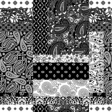 Cashmere paisley bandana fabric patchwork abstract vector seamless pattern wallpaper