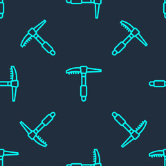 Green line Ice axe icon isolated seamless pattern on blue background. Montain climbing equipment. Vector.