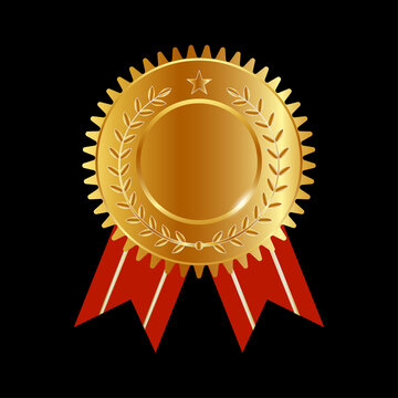 Golden stamp with ribbons isolated on white background. Luxury seal. Award medal 3d realistic vector color illustration. Reward. Golden medal with red ribbon. Certified product. Quality badge