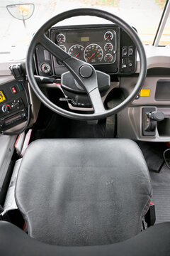 Steering Wheel In Old Fashioned Car Or Vehicle.